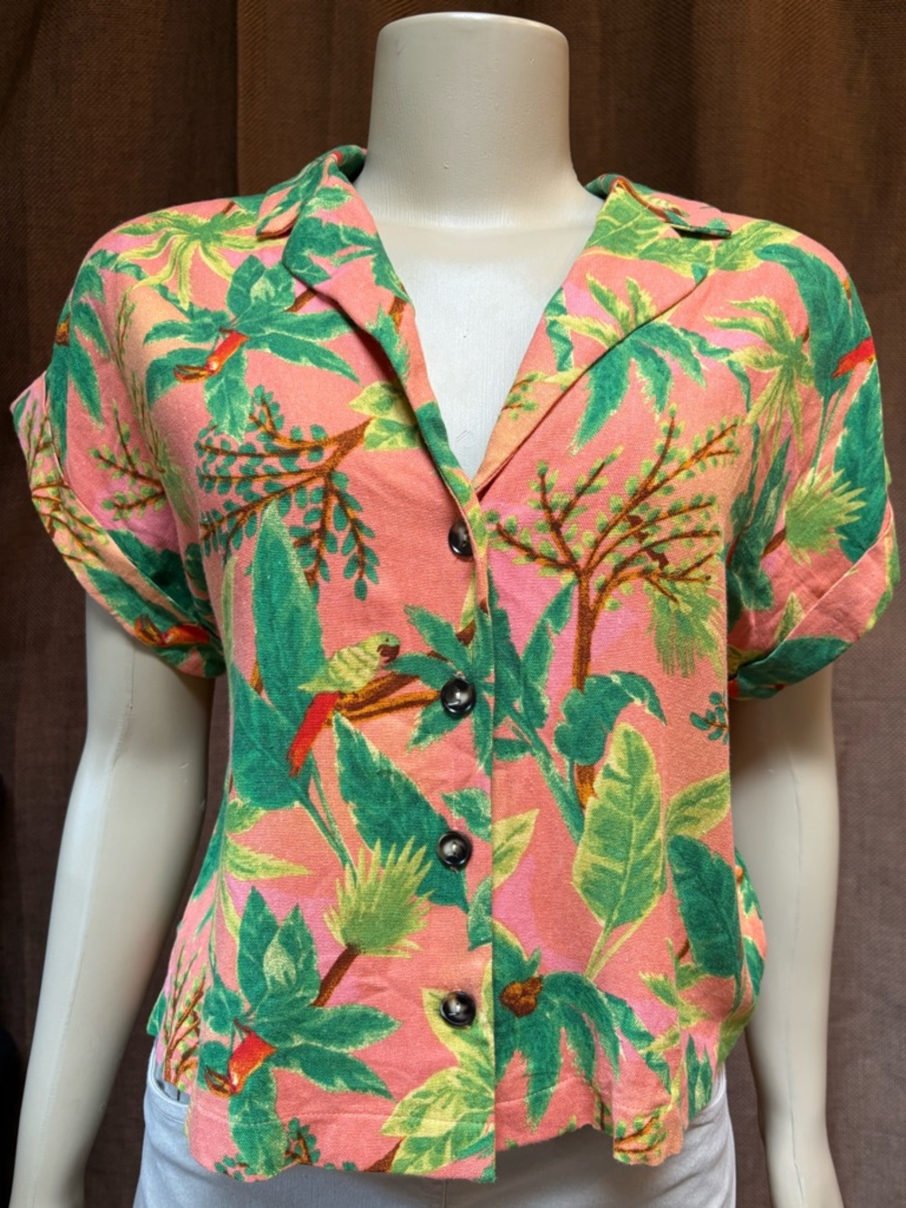 Monteau Pink Tropical Print Short-Sleeve Button Down